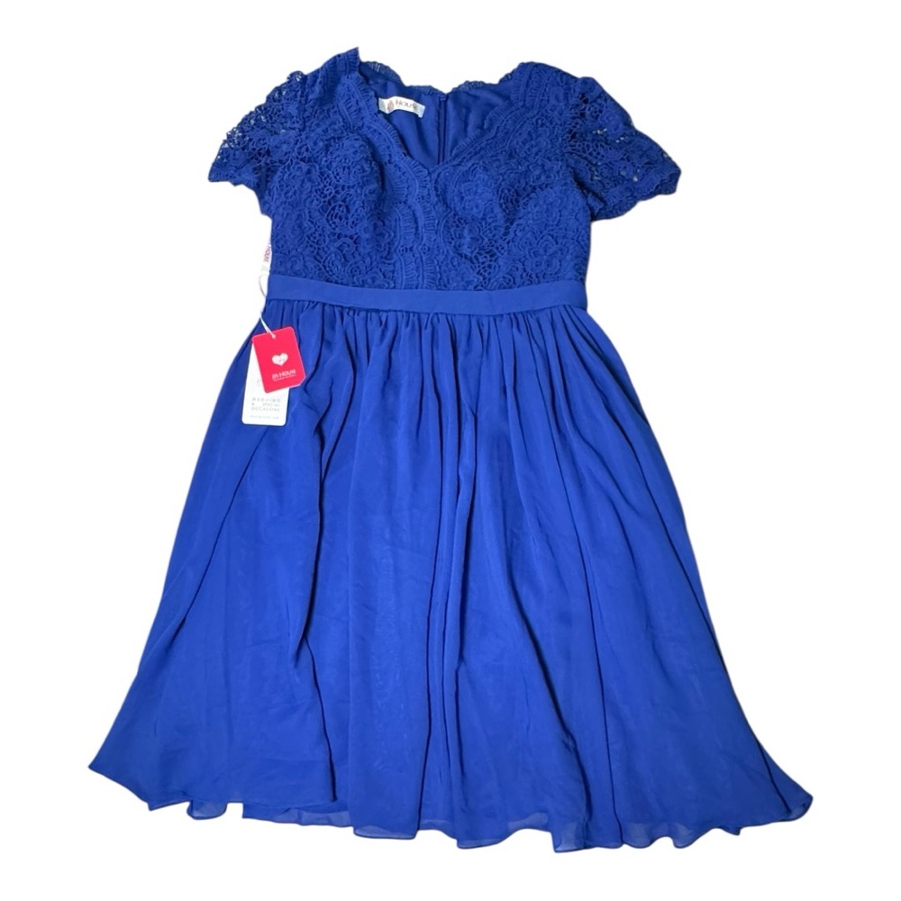 JJ’s House Royal Blue Crochet Midi Length Short Sleeve Event Fancy Dress Plus 14